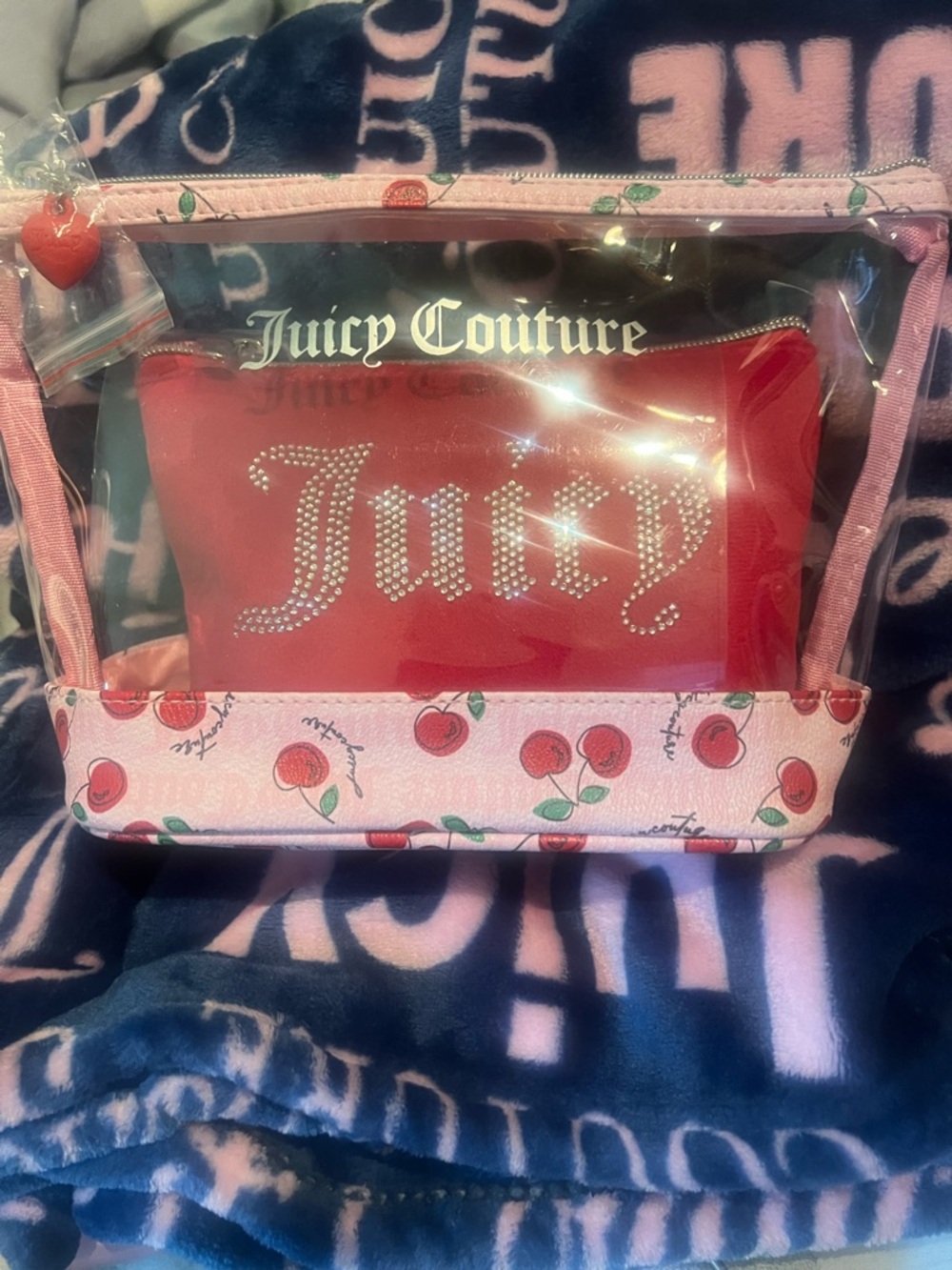 Juicy Couture Red Rhinestone 'Juicy' Pouch with Pink Cherry-Trim Clear Case